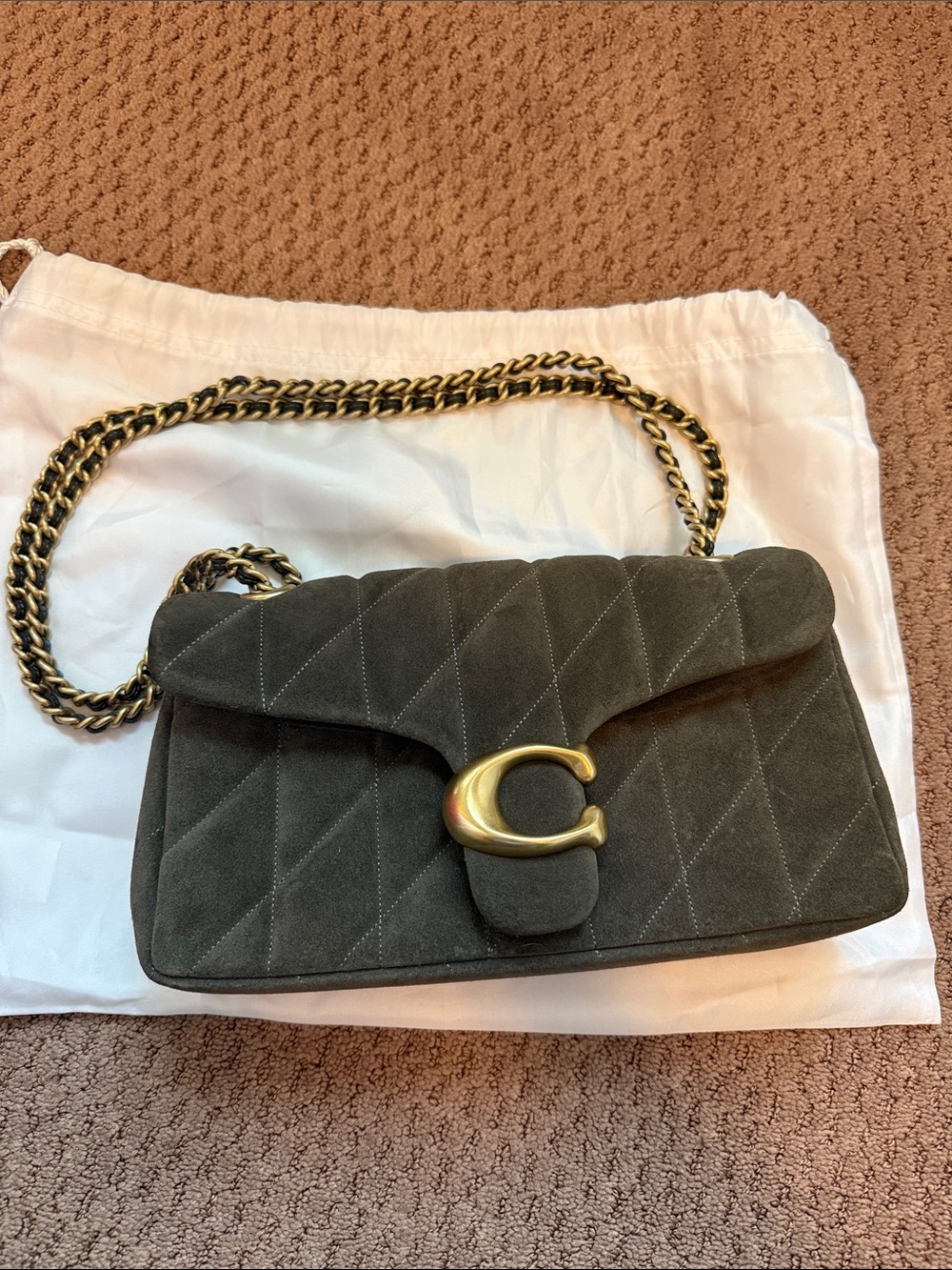 Coach Quilted Suede Shoulder Bag in Olive Green with Brass Chain